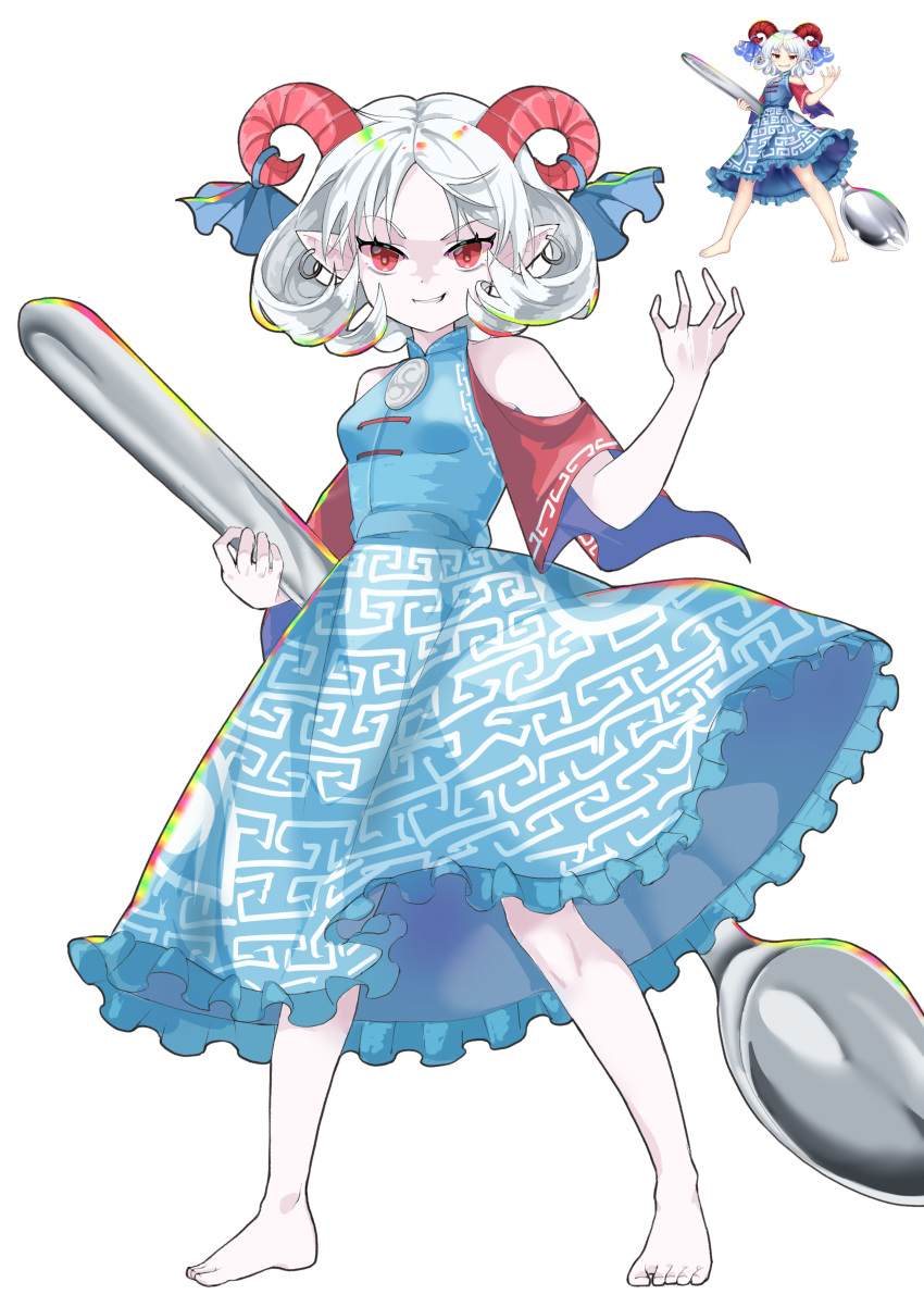 1girl, absurdres, bare_legs, barefoot, blue_dress, bow, clothing_cutout, collared_dress