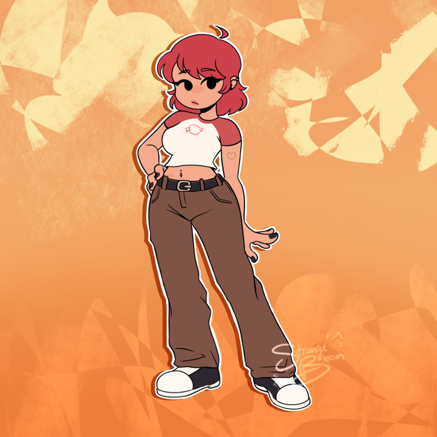 1girl, ahoge, belt, black_belt, black_eyes, black_nails, breasts, brown_pants, commentary_request, friday_night_funkin', full_body, hand_on_own_hip, highres, large_breasts, medium_hair, midriff, navel, navel_piercing, no_sclera, original, pants, parody, piercing, redhead, solo, spanish_commentary, strange_bloom, style_parody, two-tone_shirt