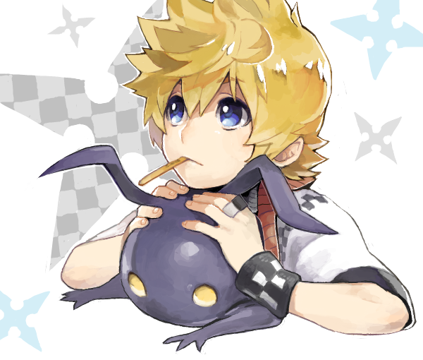 1boy, bad_id, bad_pixiv_id, blonde_hair, blue_eyes, checkered_clothes, creature, expressionless