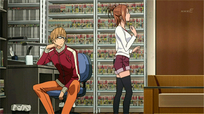 1girl, animated, animated_gif, bakuman, black_legwear, blonde_hair, bookshelf, brown_hair, cap, chair, chin_rest, desk, gif, glasses, kicking, lowres, miyoshi_kaya, office_chair, screencap, shorts, takagi_akito, thighhighs, zettai_ryouiki