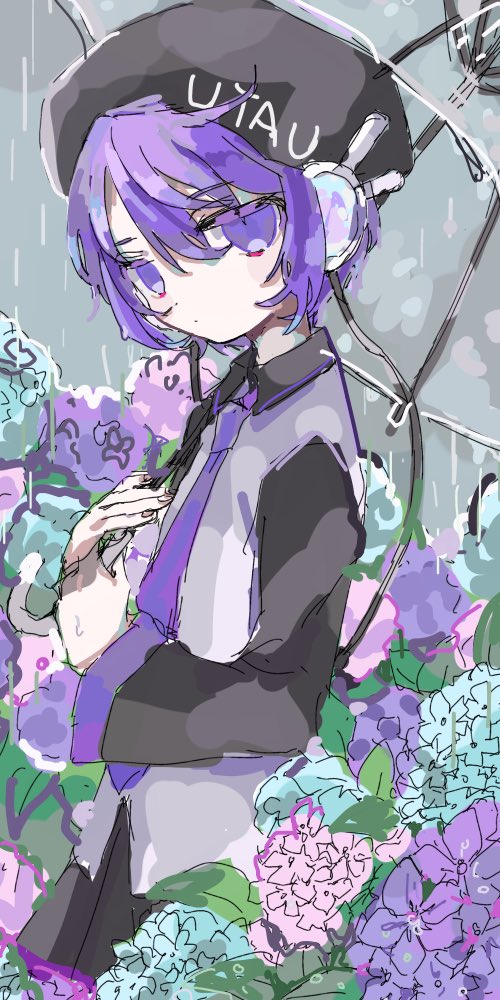 1girl, beret, black_hat, black_skirt, blue_flower, closed_mouth, clothes_writing, dot_mouth, ebi834, fingernails, flower, grey_sky, hair_between_eyes, hat, holding, holding_umbrella, hydrangea, long_sleeves, miniskirt, nail_polish, necktie, outdoors, over_shoulder, overcast, pink_flower, pleated_skirt, purple_flower, purple_hair, purple_nails, purple_necktie, rain, robot_ears, short_hair, skirt, sky, solo, transparent, transparent_umbrella, umbrella, umbrella_over_shoulder, utane_uta, utau, violet_eyes