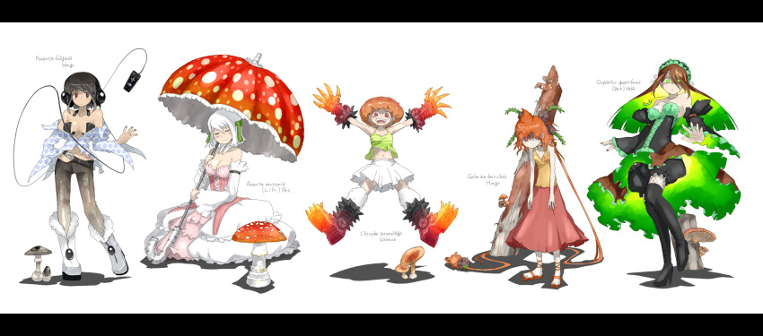 5girls, :d, afro, amanita_fuliginea, amanita_muscaria, bare_shoulders, black_hair, black_legwear, black_thighhighs, blush, boots, breasts, brown_hair, claws, cleavage, clitocybe_acromelalga, closed_eyes, corset, detached_sleeves, digital_media_player, dress, eyes_closed, fishnets, galerina_fasciculata, glowing, glowing_eyes, green_eyes, green_hair, hair_over_one_eye, hairband, halter_top, halterneck, headphones, high_heels, highres, lineup, log, long_hair, long_image, midriff, miniskirt, multicolored_hair, multiple_girls, mushroom, navel, off_shoulder, omphalotus_guepiniformis, open_mouth, orange_hair, original, oso, oso_(toolate), pants, personification, red_eyes, sandals, shoes, short_hair, skirt, smile, thigh-highs, thighhighs, umbrella, unbuttoned, white_hair, wide_image