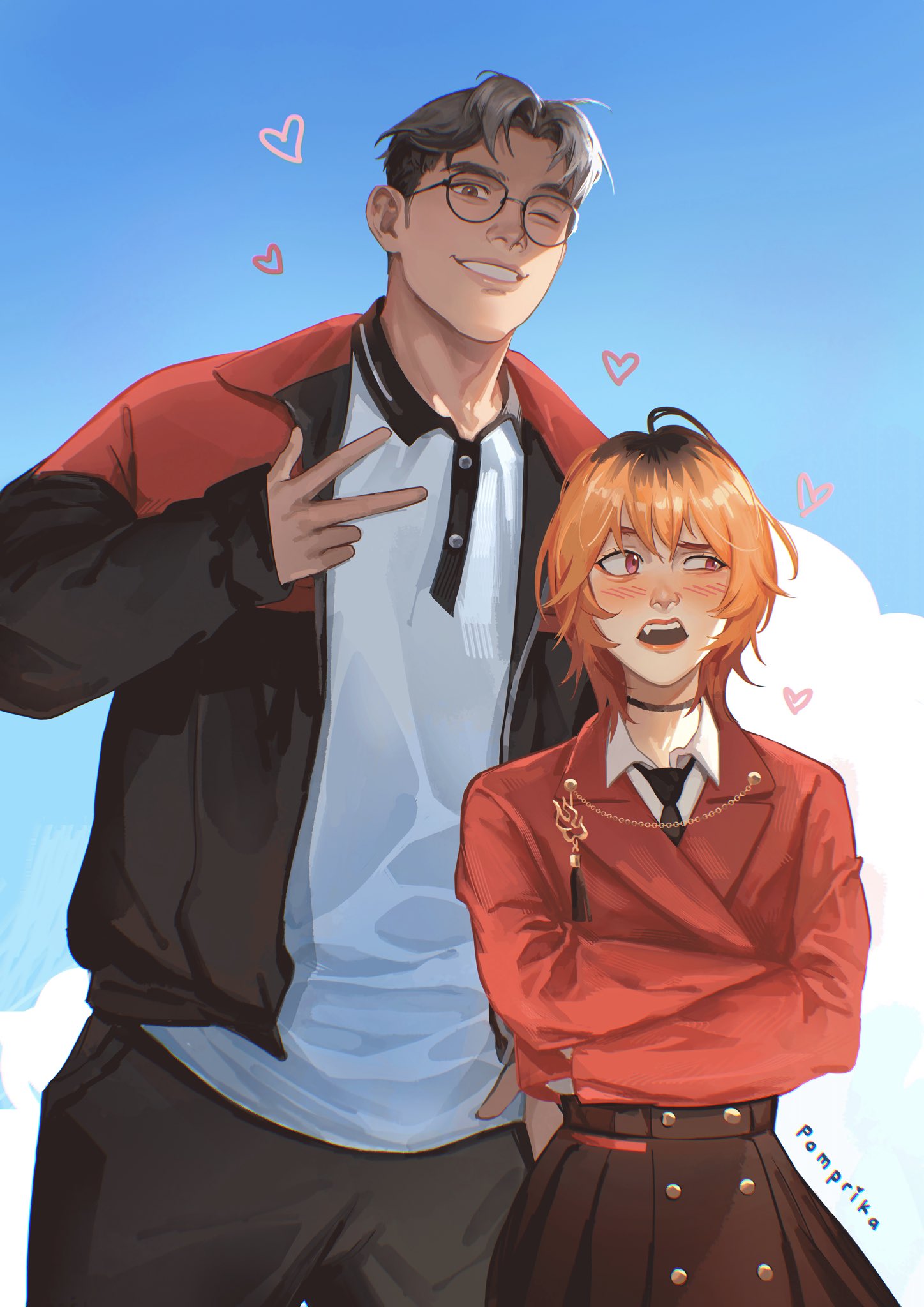 1boy, 1girl, artist_name, black_choker, black_hair, black_jacket, black_pants, black_skirt, blue_sky, blush, brown_eyes, choker, clouds, crossed_arms, day, glasses, grey_hair, grin, heart, highres, jacket, looking_at_viewer, looking_to_the_side, multicolored_clothes, multicolored_hair, multicolored_jacket, one_eye_closed, open_clothes, open_jacket, open_mouth, orange_hair, original, outdoors, panprika11, pants, pink_eyes, pleated_skirt, red_jacket, roots_(hair), shirt, short_hair, skirt, sky, smile, teeth, two-tone_hair, two-tone_jacket, upper_teeth_only, v, white_shirt