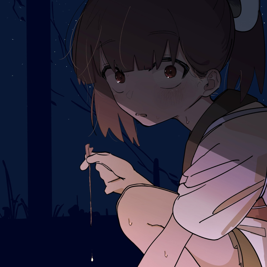 1girl, brown_eyes, brown_hair, commentary, constricted_pupils, fireworks, highres, masshutake