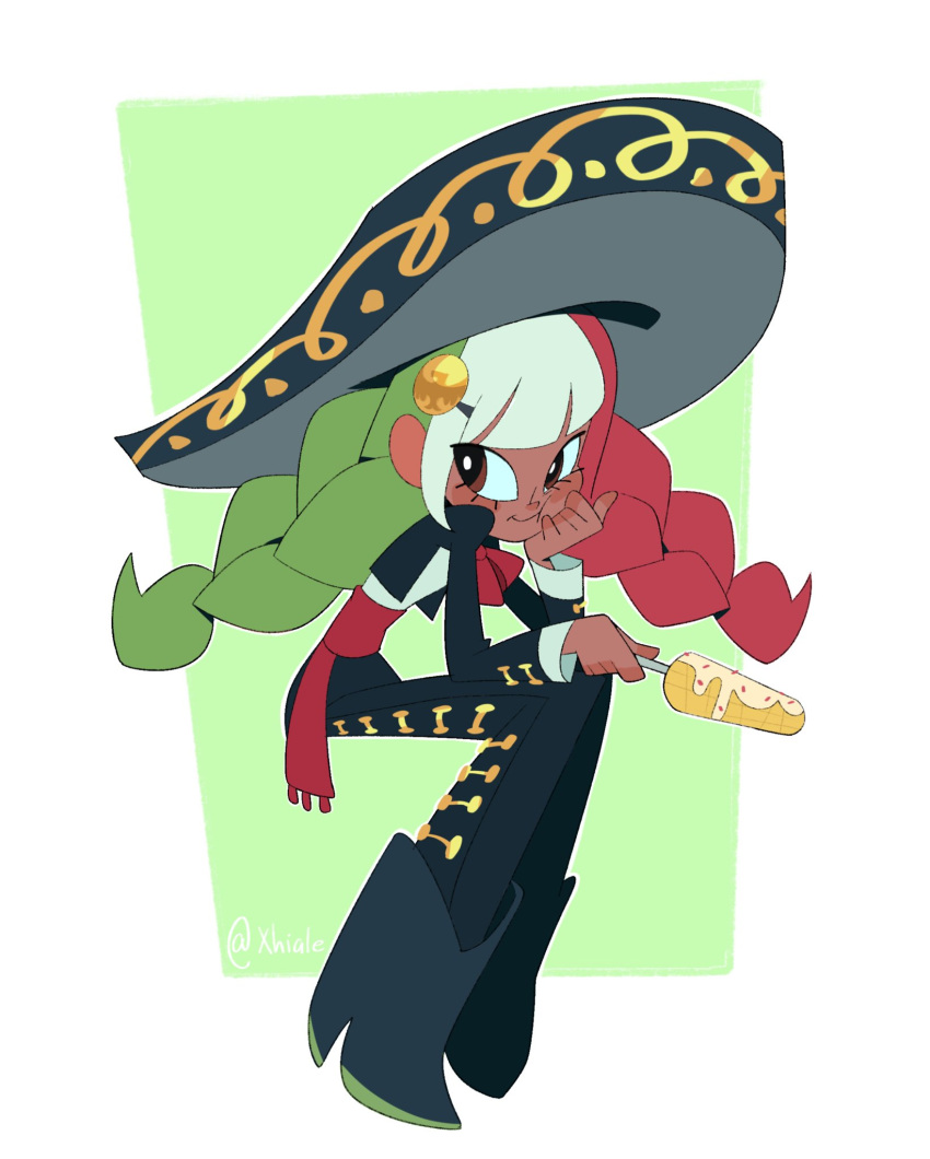 1girl, boots, breasts, charro, elote_(food), green_hair, hat, highres