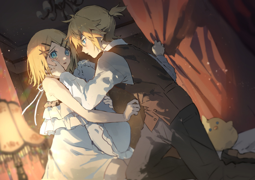 adolescence_(vocaloid), bare_arms, bare_shoulders, bedroom, black_pants, blue_eyes, blurry, blurry_foreground