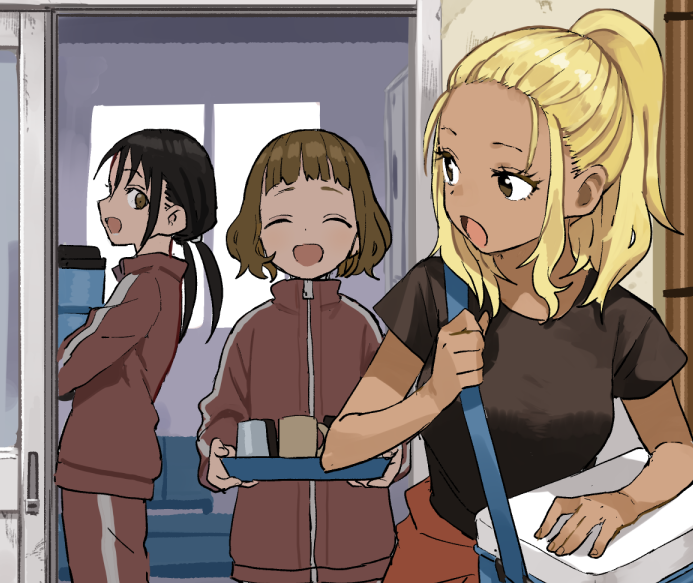 3girls, :d, black_hair, black_shirt, blonde_hair, brown_eyes, brown_hair, dark-skinned_female