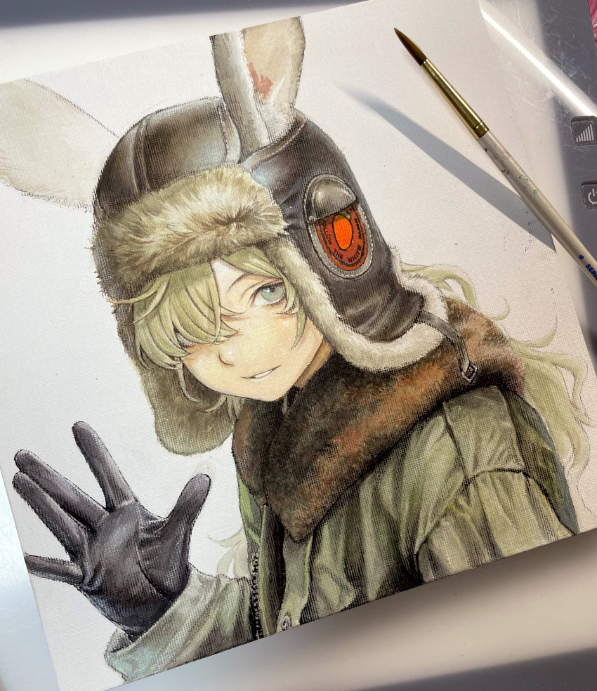 1girl, animal_ears, art_tools_in_frame, black_gloves, blonde_hair, brown_hat, commentary, gloves