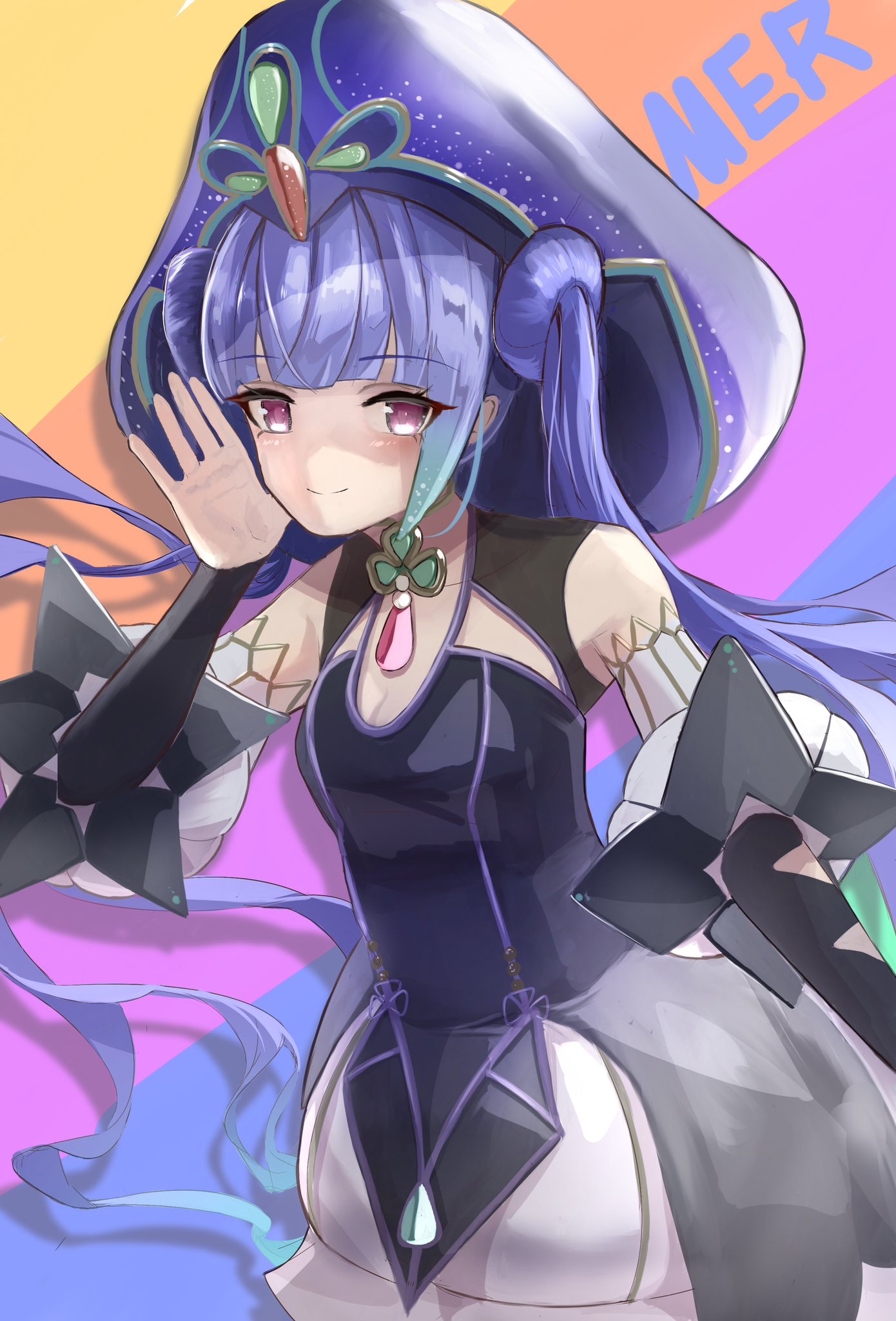 1girl, black_dress, blue_hair, detached_sleeves, dress, festibattle, gradient_hair, highres, large_hat, looking_at_viewer, multicolored_hair, noa_(shironeko_project), red_eyes, shironeko_project, shironekotns, smile, solo, twintails