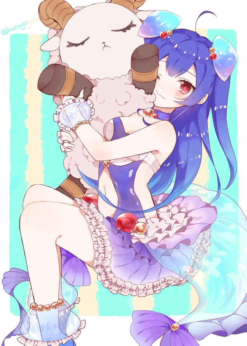 1girl, ahoge, bare_shoulders, blue_hair, breasts, choker, clothing_cutout, dress
