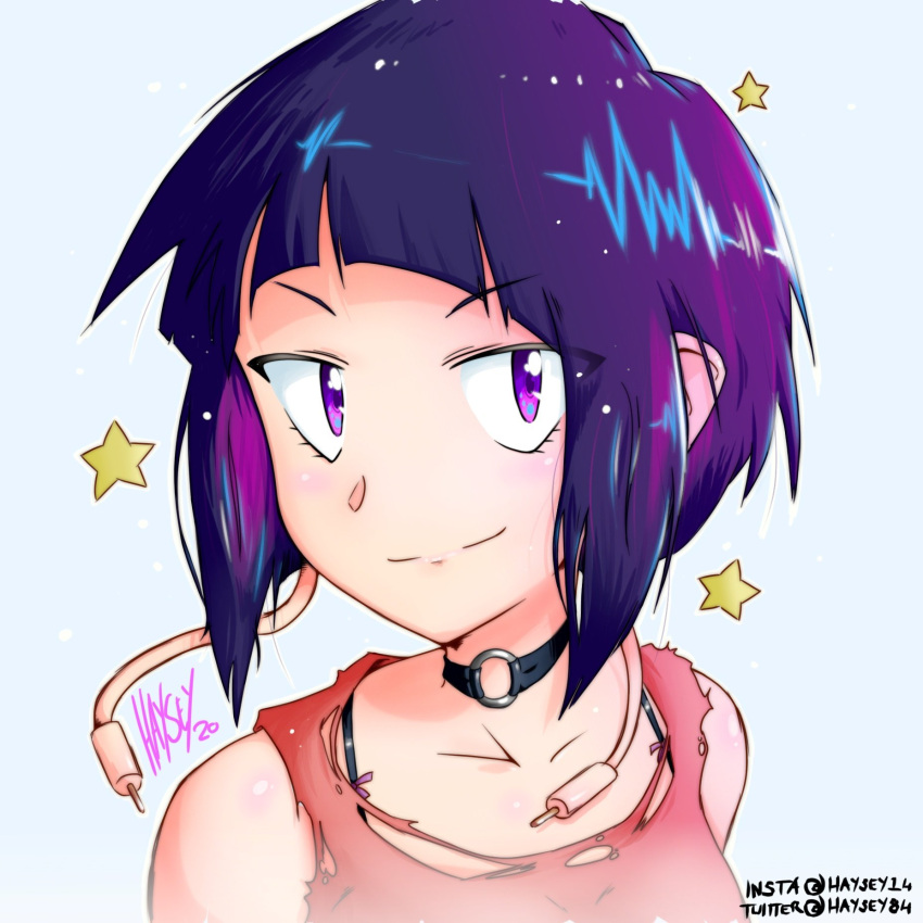 1girl, audio_jack, black_choker, black_eyes, blunt_bangs, boku_no_hero_academia, choker, haysey