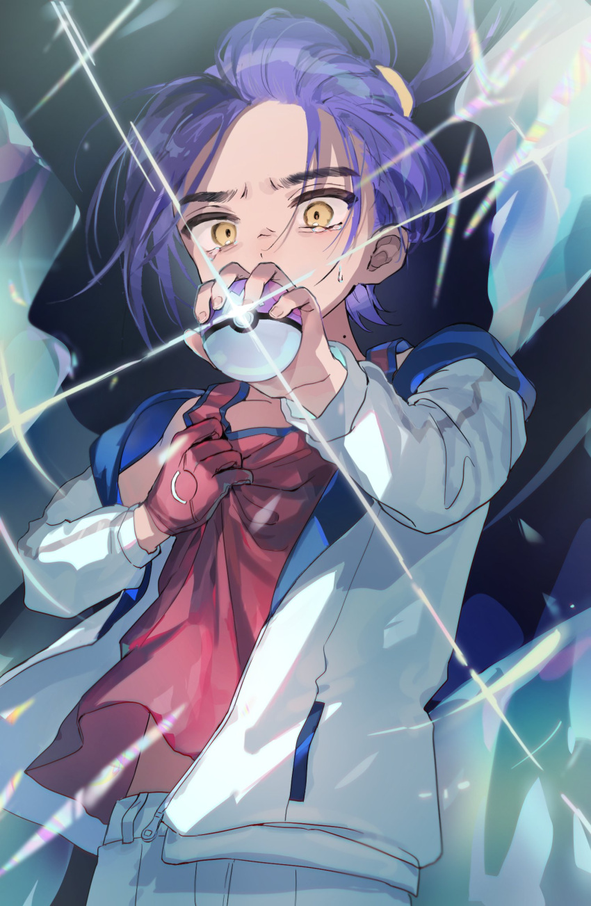 1boy, black_hair, commentary_request, crying, crying_with_eyes_open, gloves, highres, holding