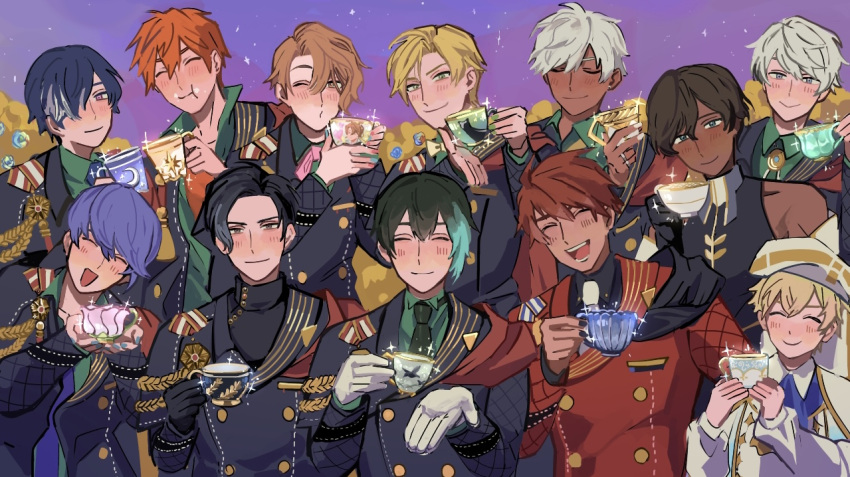 6+boys, :>, :d, :t, ^_^, ahoge, aqua_hair, ascot