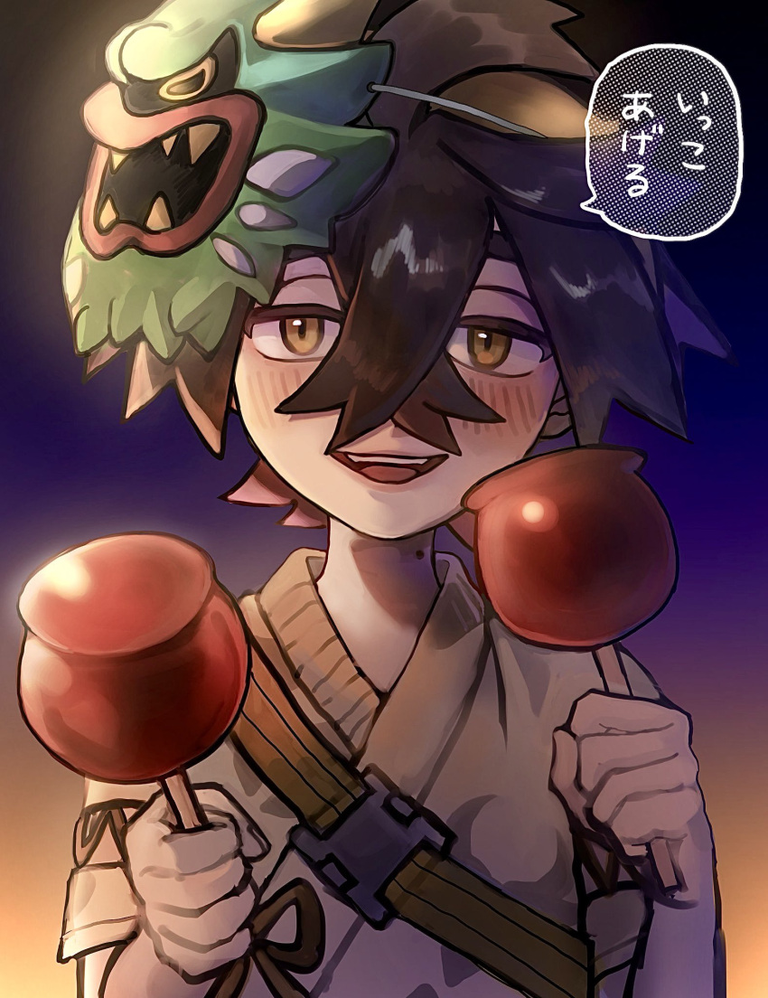 1boy, aojurujuru, black_hair, blush, candy_apple, commentary_request, food, hair_between_eyes