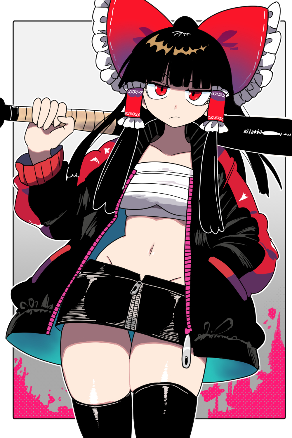 1girl, :/, alternate_costume, baseball_bat, black_hair, black_jacket, black_skirt, black_thighhighs