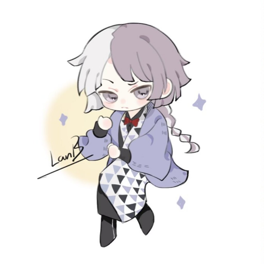 1boy, artist_name, black_footwear, braid, bungou_stray_dogs, chibi, chibi_only, full_body, lanb_langzai, long_sleeves, looking_at_viewer, male_focus, multicolored_hair, purple_hair, raised_eyebrows, sigma_(bungou_stray_dogs), simple_background, single_braid, sleeve_cuffs, solo, sparkle, split-color_hair, two-tone_hair, violet_eyes, white_background, white_hair