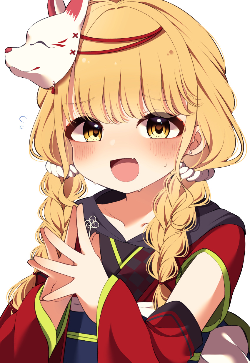 1girl, absurdres, blonde_hair, blush, braid, collarbone, detached_sleeves, fang