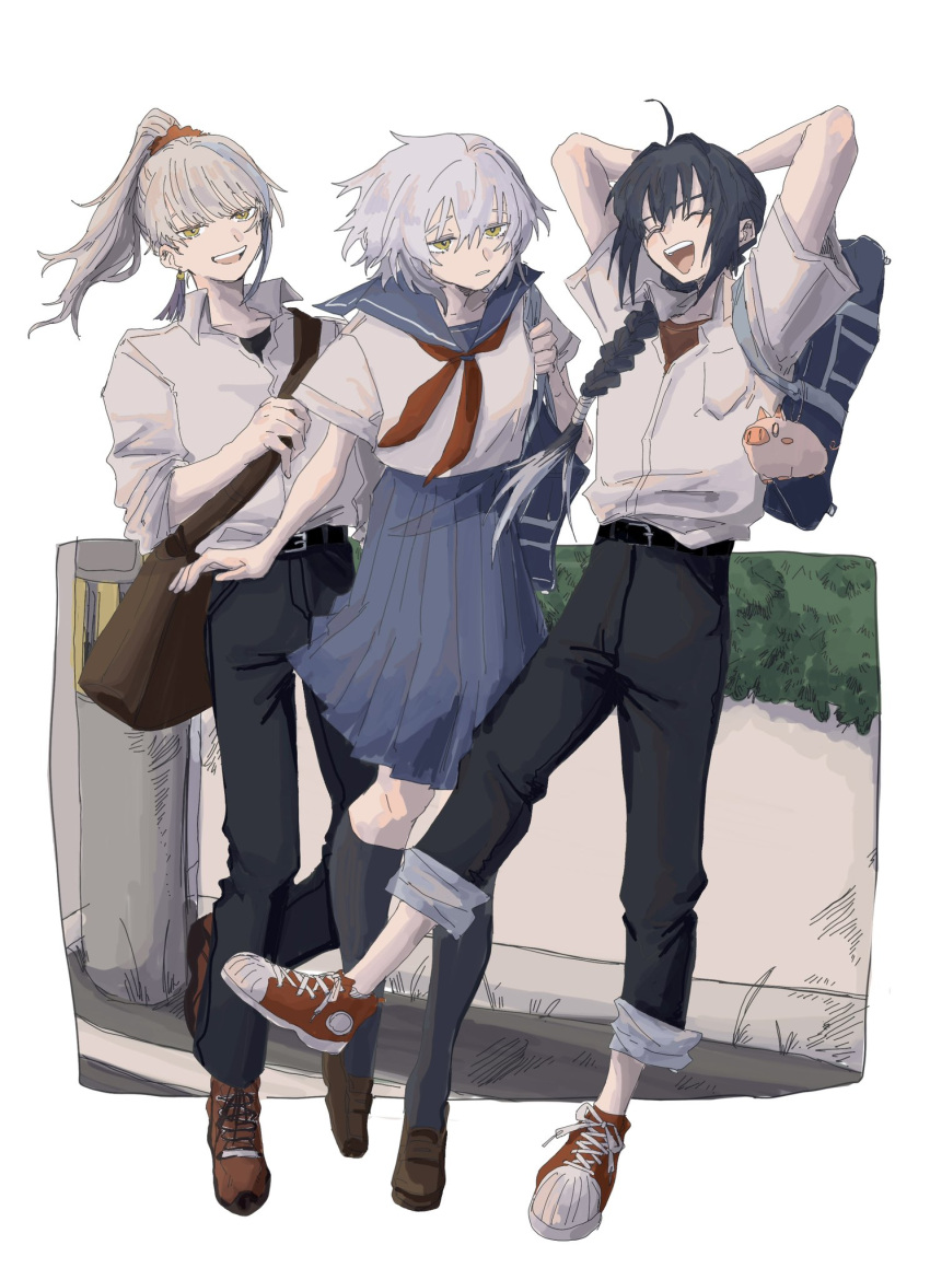 1boy, 1girl, 1other, :d, ahoge, alternate_universe, archer_(fate/samurai_remnant), arms_behind_head