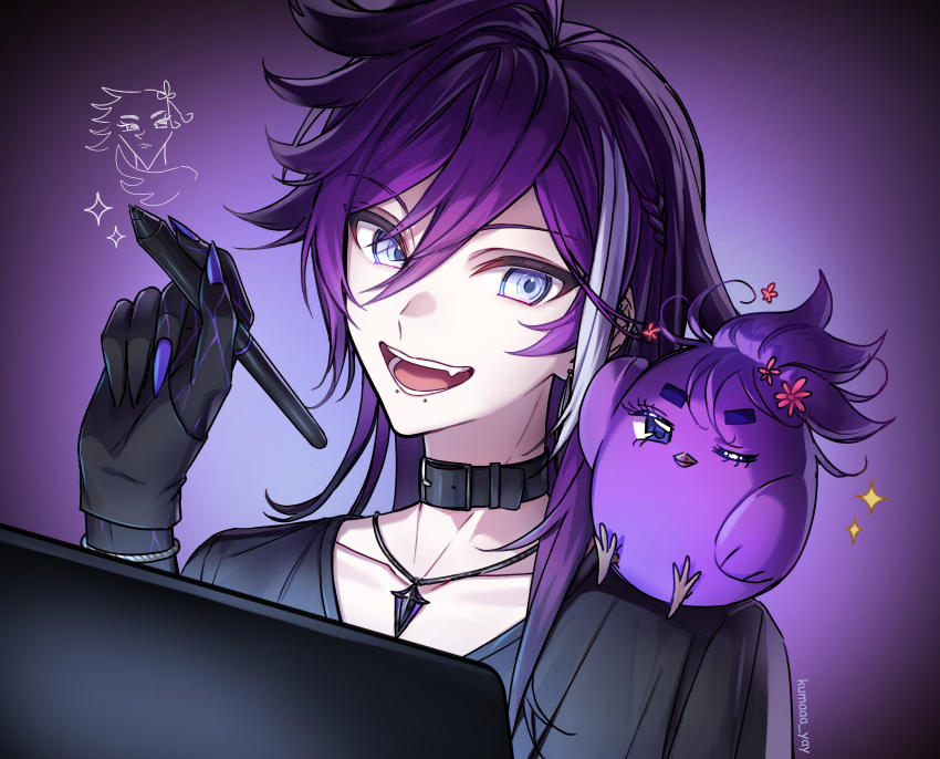 1boy, absurdres, animal_on_shoulder, banzoin_hakka, banzoin_hakka_(2nd_costume), belt_collar, bird, bird_on_shoulder