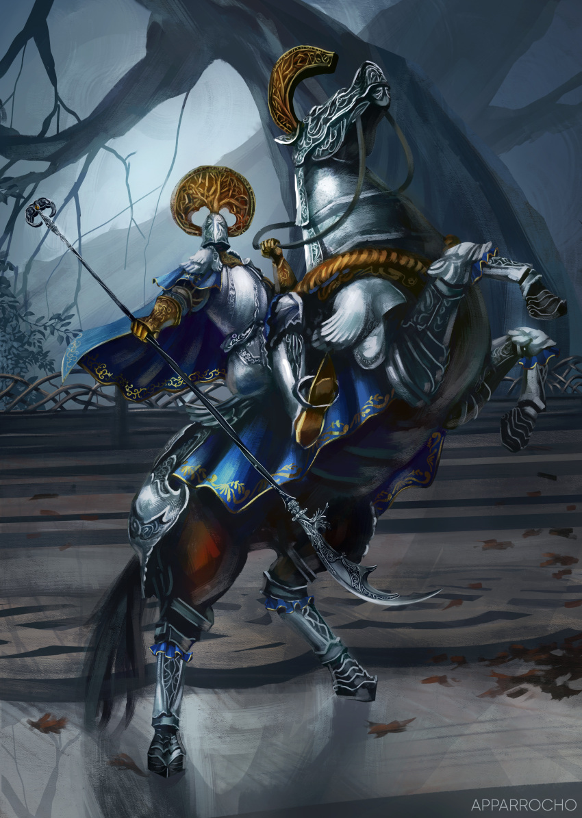 1girl, absurdres, apparrocho, armor, artist_name, bare_tree, commentary, elden_ring