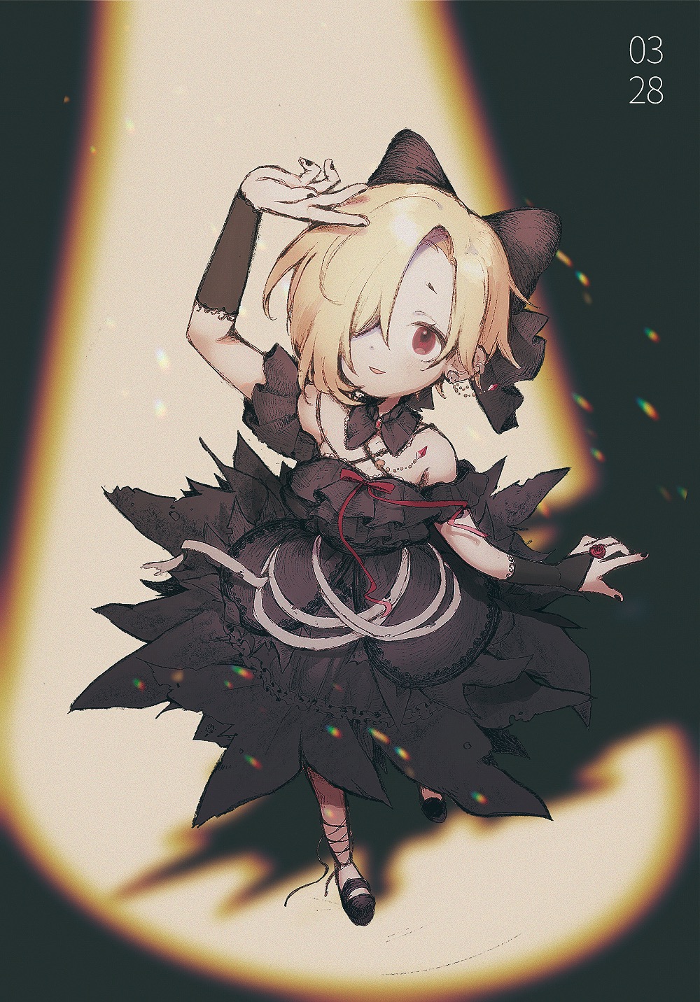 1girl, arm_up, black_bow, black_collar, black_dress, black_footwear, black_gloves, black_nails
