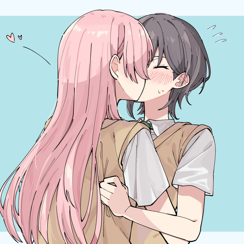 2girls, bang_dream!, bang_dream!_it's_mygo!!!!!, blue_background, blush, border, brown_sweater_vest, chihaya_anon