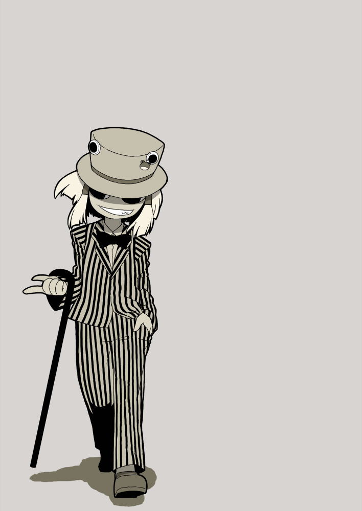 alternate_costume, alternative_costume, blonde_hair, bowtie, cane, formal, grin, hand_in_pocket