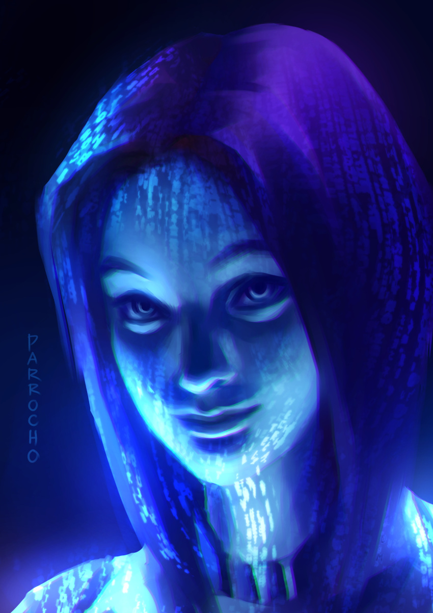 1girl, absurdres, apparrocho, artist_name, blue_eyes, blue_hair, blue_lips, blue_skin, blue_theme, close-up, colored_skin, commentary, cortana, english_commentary, glowing, halo_(series), halo_2, highres, hologram, light_smile, looking_at_viewer, nude, short_hair, smile, solo