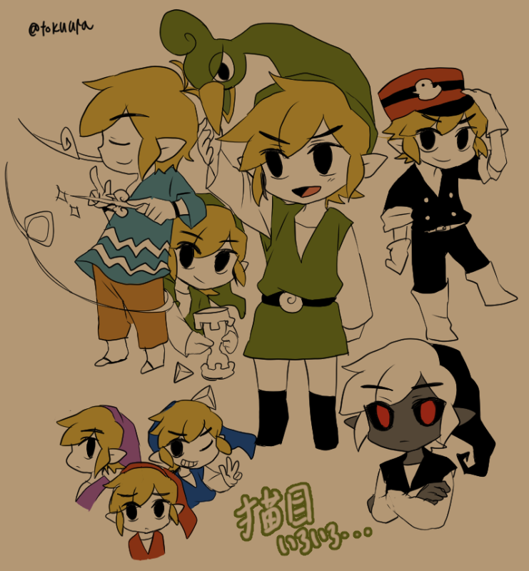 1boy, ;d, belt, black_sclera, blonde_hair, blue_hat, blue_tunic, brown_background