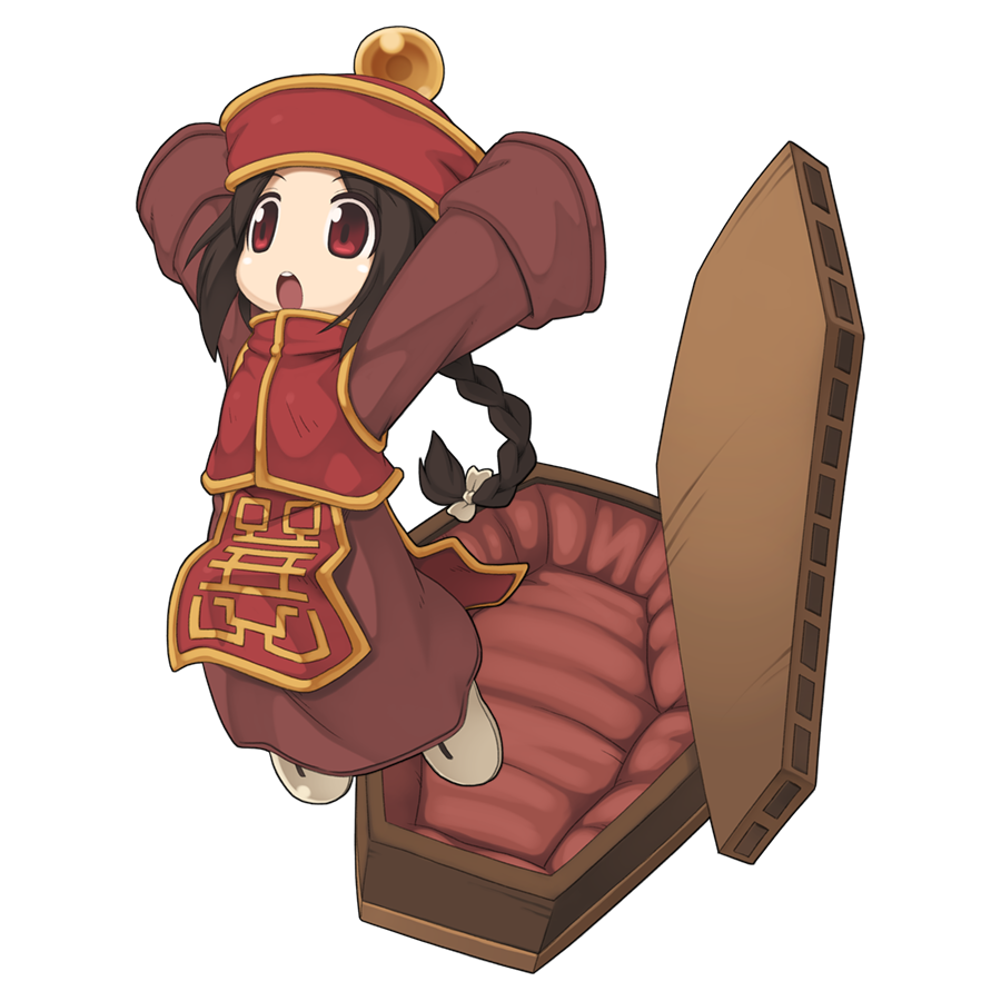 1girl, black_hair, braid, braided_ponytail, brown_dress, chibi, chibi_only, coffin