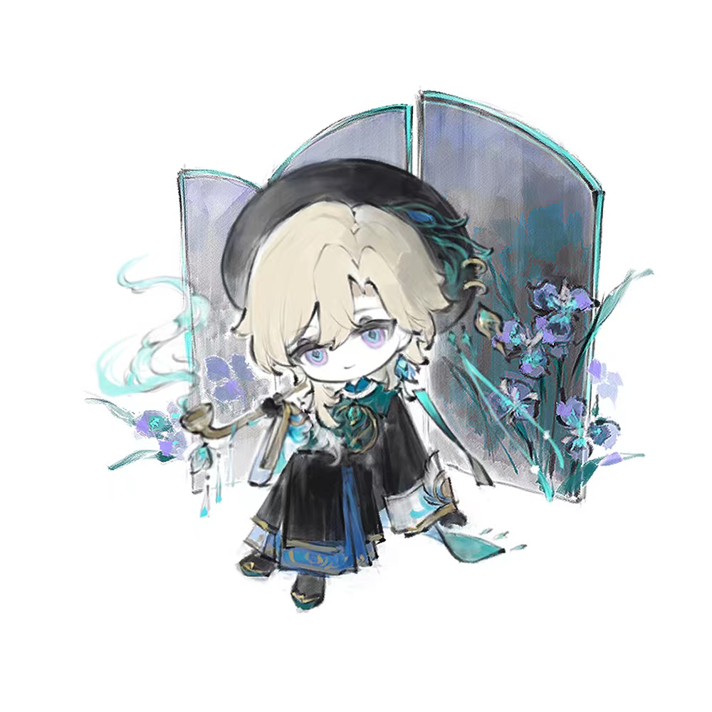 1boy, alternate_costume, aventurine_(honkai:_star_rail), black_hat, blonde_hair, blue_eyes, chibi, chibi_only, chinese_clothes, coldeye, commentary_request, crossed_legs, curtained_hair, earrings, full_body, hat, holding, holding_smoking_pipe, honkai:_star_rail, honkai_(series), invisible_chair, jewelry, male_focus, multicolored_eyes, simple_background, sitting, smoke, smoke_trail, smoking_pipe, solo, violet_eyes, white_background