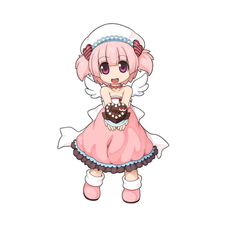 1girl, :d, beret, candy, chibi, chibi_only, chocolat_basinio, chocolate, food, frilled_skirt, frills, full_body, hat, heart, heart-shaped_chocolate, heart-shaped_food, heart-shaped_pupils, heart_hair, heart_necklace, jewelry, looking_at_viewer, necklace, official_art, open_mouth, pink_footwear, pink_hair, pink_skirt, ragnarok_online, shoes, short_hair, simple_background, skirt, smile, socks, solo, strapless, symbol-shaped_pupils, transparent_background, tube_top, two_side_up, violet_eyes, white_hat, white_socks, white_tube_top, white_wings, wings, yuichirou