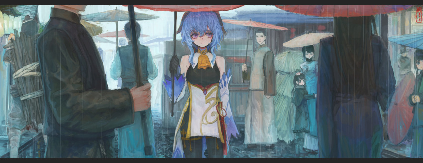 &amp;ueen, 4boys, 4girls, absurdres, bare_shoulders, bell, black_gloves, blue_hair