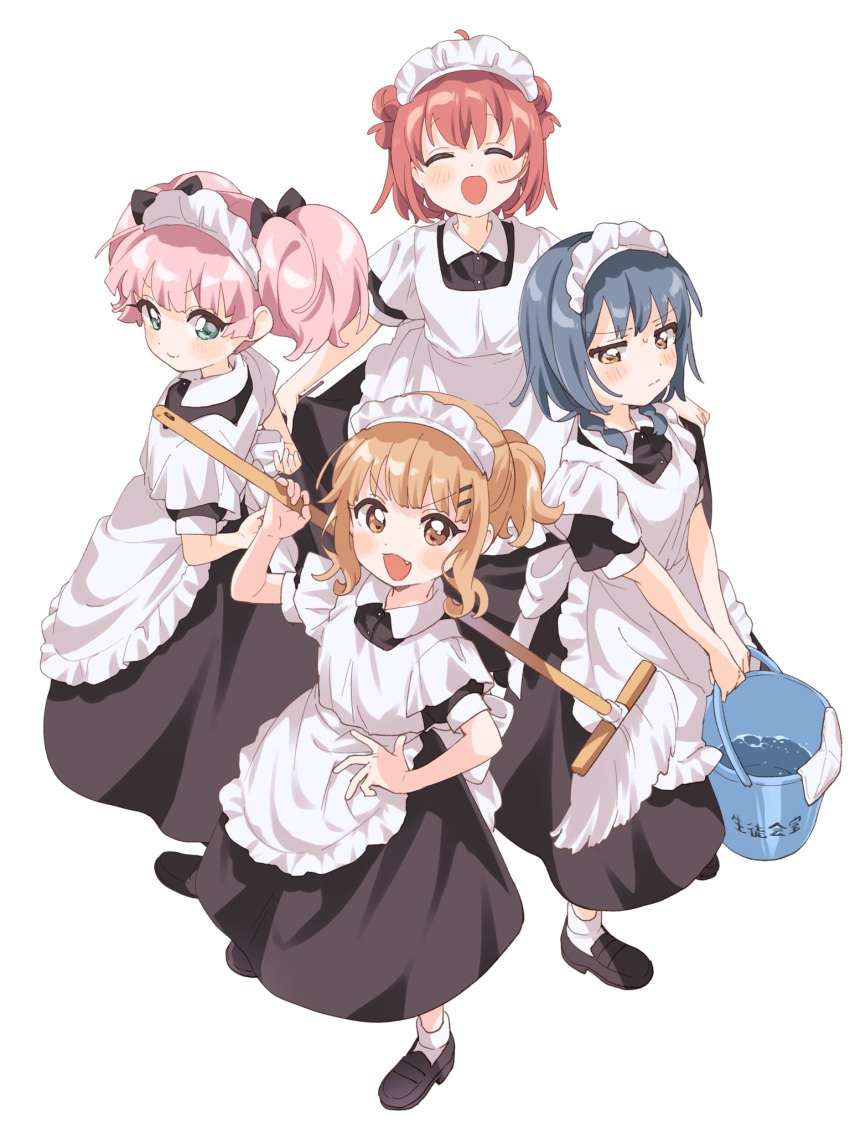 4girls, ahoge, akaza_akari, alternate_hairstyle, apron, aqua_eyes, arm_up, back_bow