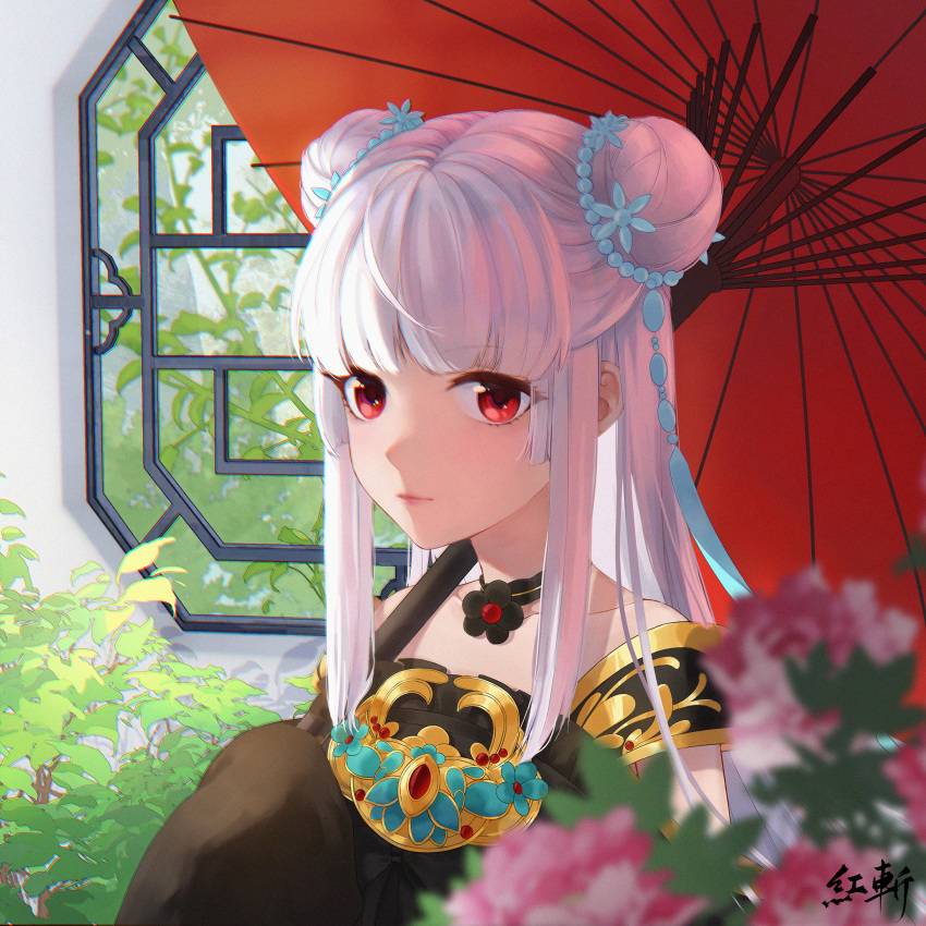 1girl, black_dress, bush, chinese_clothes, chinese_commentary, closed_mouth, dress, flower, highres, holding, holding_umbrella, indoors, jianxia_qingyuan_(series), jianxia_qingyuan_online_3, long_hair, looking_at_viewer, luz_y_sombra, original, red_umbrella, signature, umbrella, white_hair