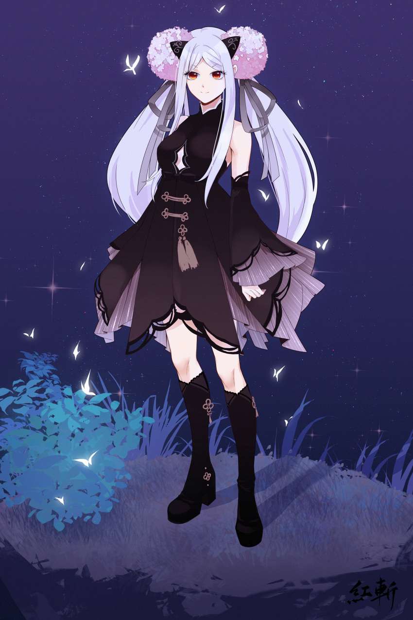 1girl, absurdres, bare_shoulders, black_dress, black_footwear, bug, bush, butterfly