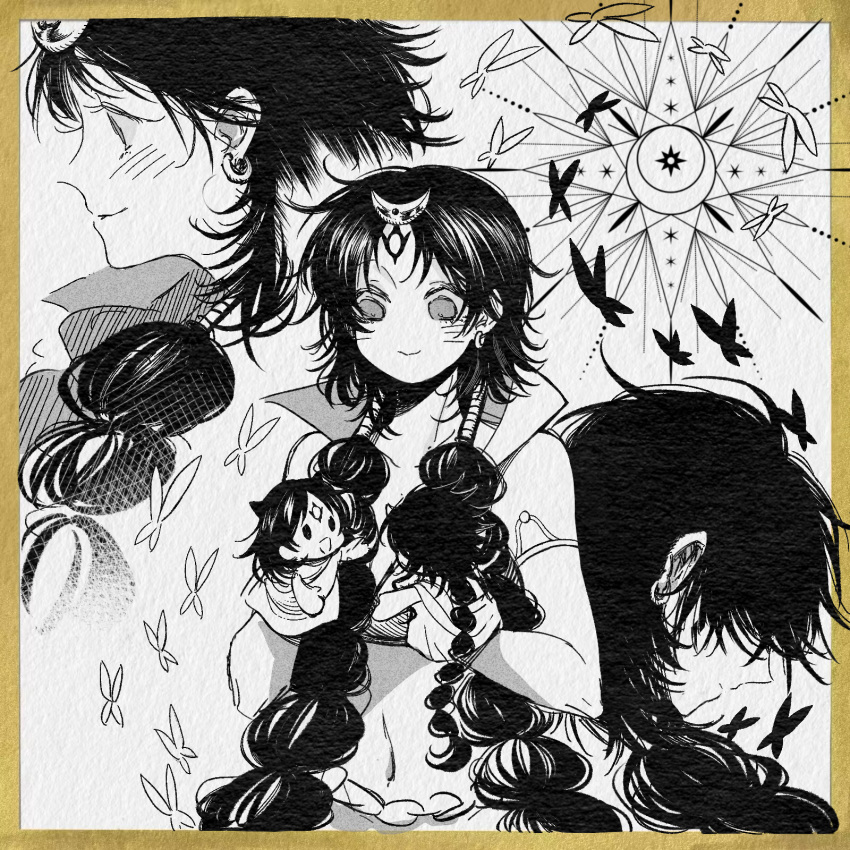 1girl, arba_(magi), black_rukh_(magi), blush, border, braid, crop_top, earrings, facial_mark, forehead_mark, greyscale, hair_ornament, hair_over_eyes, hand_puppet, highres, jewelry, long_hair, low_twin_braids, magi_the_labyrinth_of_magic, midriff, monochrome, multiple_views, navel, profile, puppet, qi_lian, rukh_(magi), scan, sheba_(magi), short_sleeves, smile, solomon_jehoahaz_abraham, traditional_media, twin_braids, very_long_hair, yellow_border