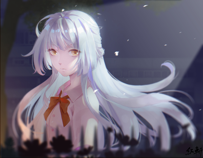 1girl, bow, chinese_commentary, closed_mouth, flower, highres, long_hair, looking_at_viewer