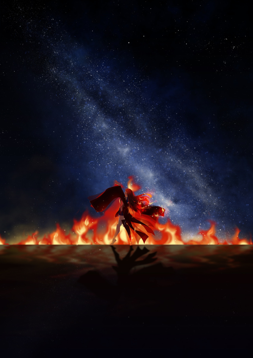 1girl, arms_up, chinese_commentary, dancing, dress, fire, full_body, highres