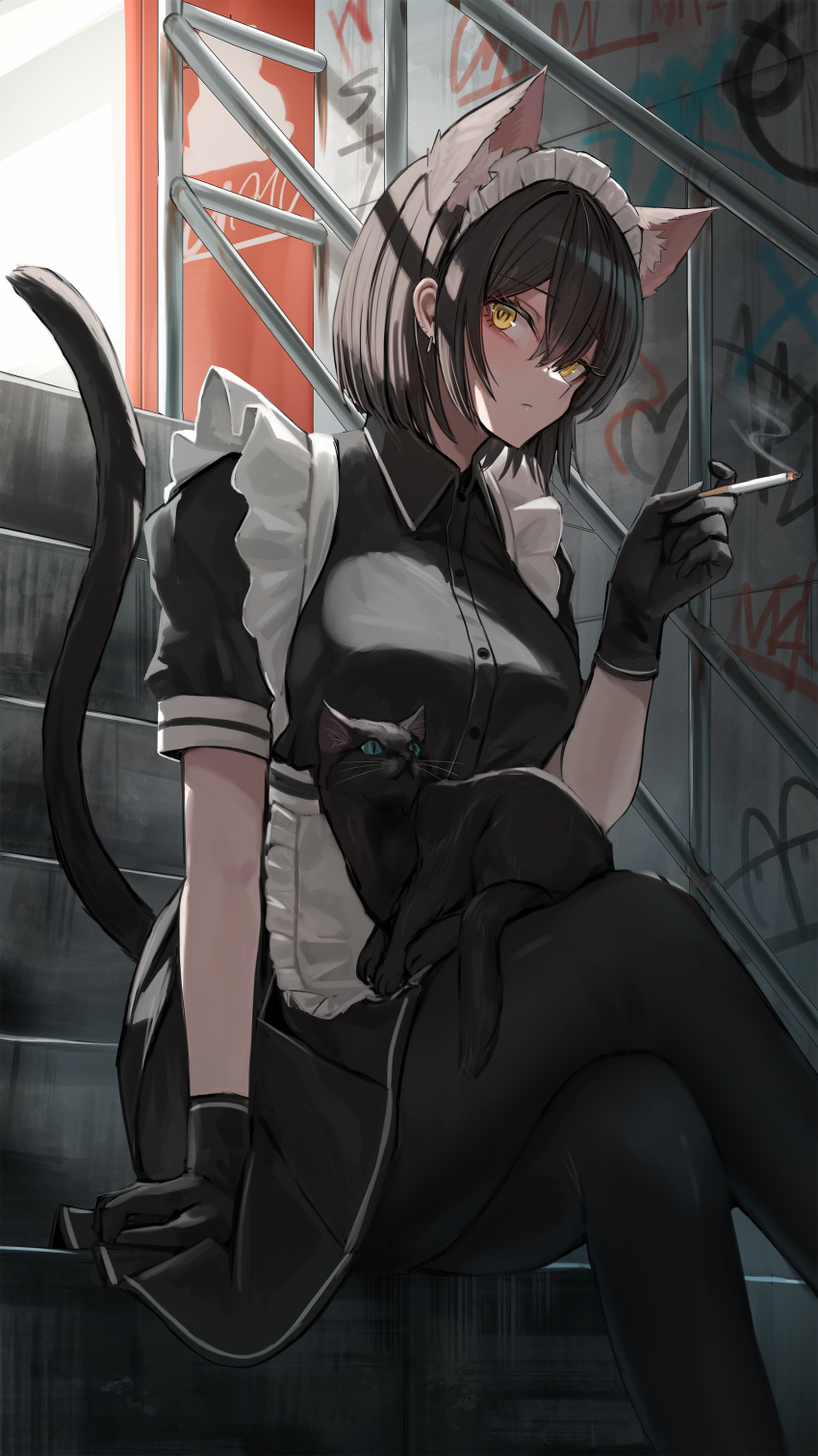 1girl, absurdres, animal_ears, animal_on_lap, apron, black_cat, black_gloves, black_hair, black_pantyhose, breasts, buttons, cat, cat_ears, cat_girl, cat_on_lap, cat_tail, cigarette, closed_mouth, crossed_legs, door, gloves, hana_hebi, highres, holding, holding_cigarette, indoors, looking_at_viewer, maid, maid_apron, maid_headdress, on_lap, original, pantyhose, puffy_short_sleeves, puffy_sleeves, railing, short_hair, short_sleeves, sitting, solo, stairs, tail, yellow_eyes