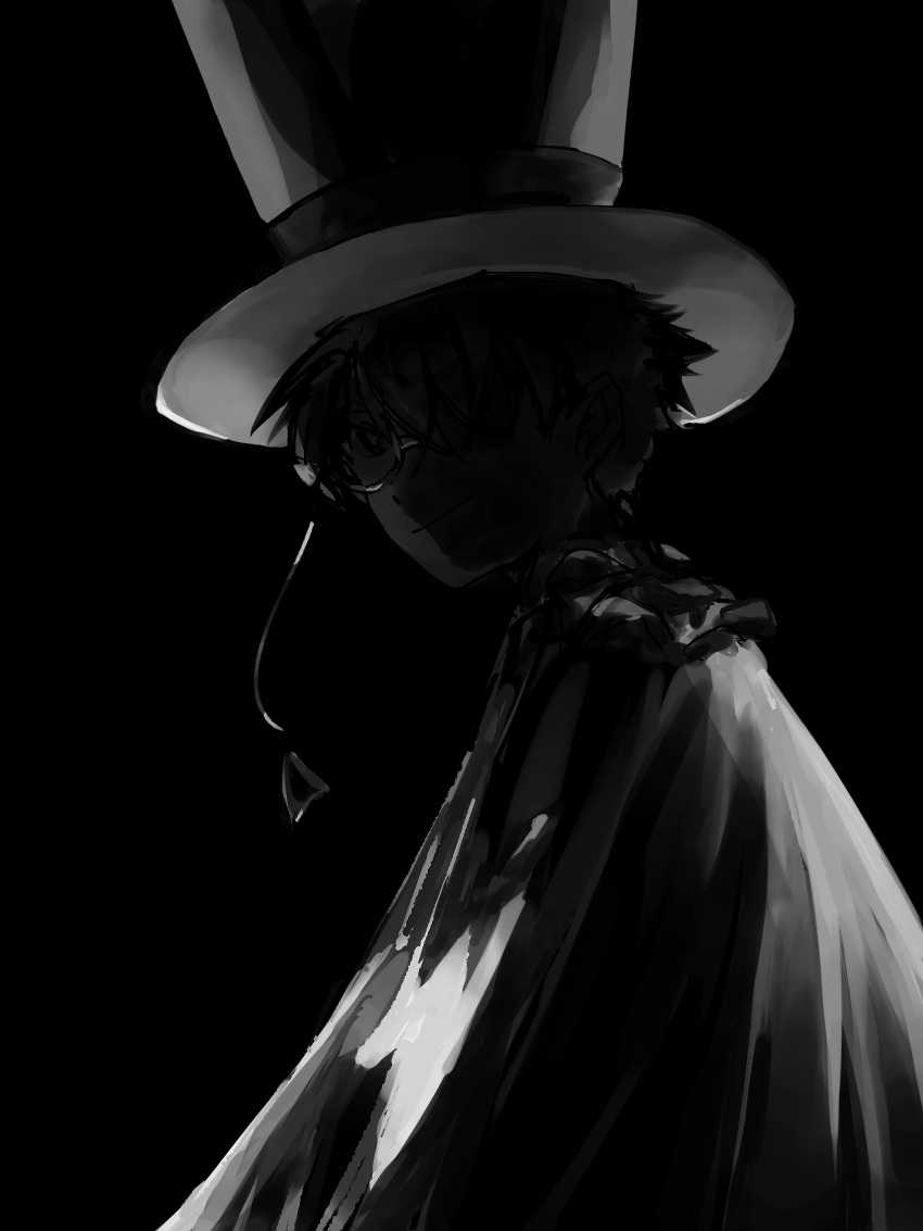 1boy, absurdres, black_background, cape, commentary_request, dark, greyscale, hat, highres, kaitou_kid, looking_at_viewer, looking_back, low_light, magic_kaito, male_focus, meitantei_conan, monochrome, monocle, monocle_chain, shii_(user_1412k), short_hair, solo, top_hat