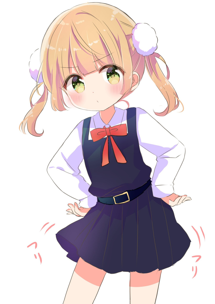1girl, belt, belt_buckle, black_belt, blonde_hair, blue_dress, blush, bow