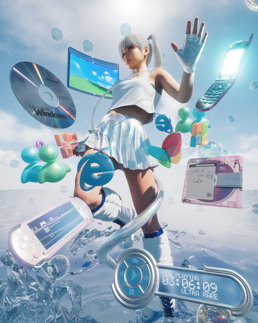 1girl, 3d, absurdres, blue_eyes, boots, bubble, cd_case, cellphone
