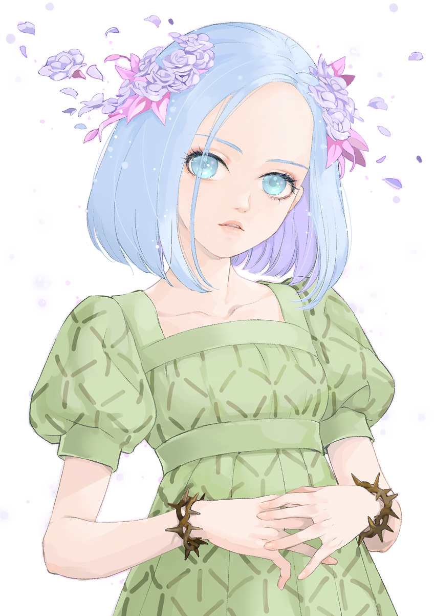 1girl, blue_eyes, blue_hair, bracelet, commentary_request, dragon_quest, dragon_quest_x, dress
