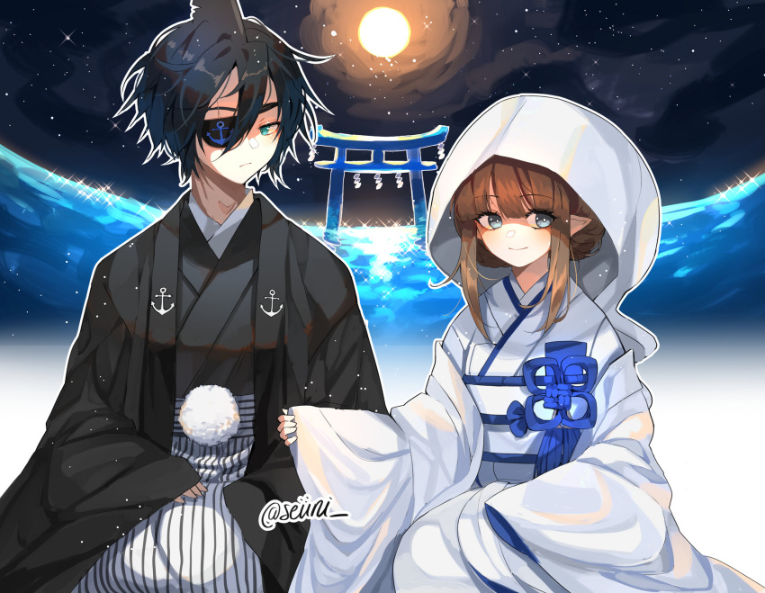 1boy, 1girl, black_kimono, blue_sash, blunt_bangs, brown_hair, commentary, couple