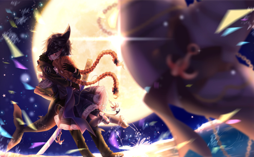 1boy, 1girl, anchor_hat_ornament, black_hair, braid, brown_hair, commentary, dress
