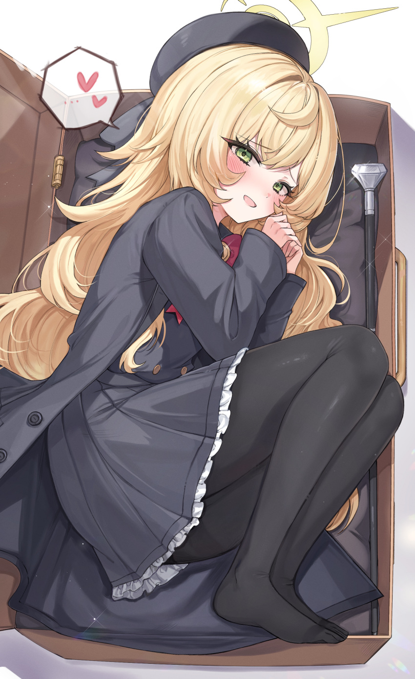 ..., 1girl, absurdres, beret, black_coat, black_hat, black_pantyhose, black_sailor_collar, black_serafuku, black_skirt, blonde_hair, blue_archive, blush, bow, bowtie, cane, coat, fetal_position, frilled_skirt, frills, frove, full_body, green_eyes, halo, hat, heart, highres, long_hair, long_sleeves, looking_at_viewer, lying, no_shoes, on_side, on_suitcase, open_clothes, open_coat, open_mouth, open_suitcase, own_hands_together, pantyhose, professor_niyaniya_(blue_archive), red_bow, red_bowtie, sailor_collar, school_uniform, serafuku, side_ahoge, skirt, speech_bubble, suitcase, white_background