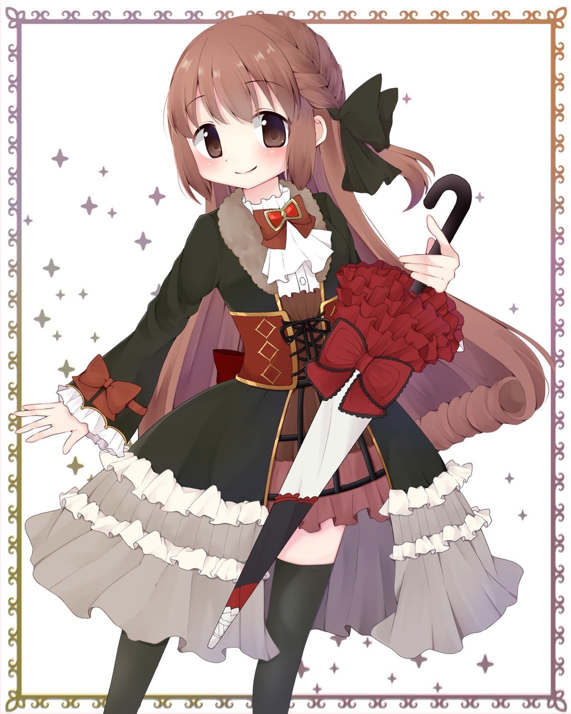black_bow, black_coat, black_thighhighs, blush, border, bow, bowtie, braid