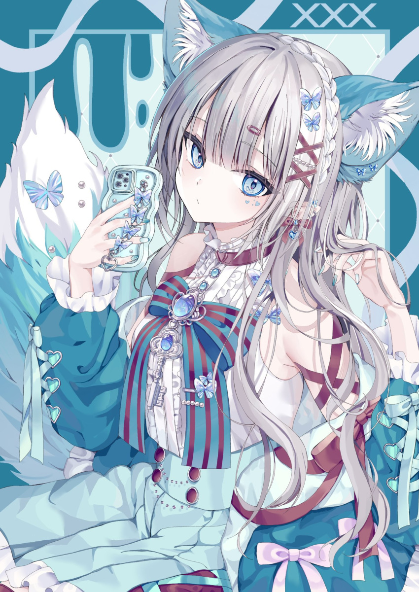 1girl, animal_ear_fluff, animal_ear_piercing, animal_ears, armpits, bare_shoulders, blouse, blue_bow