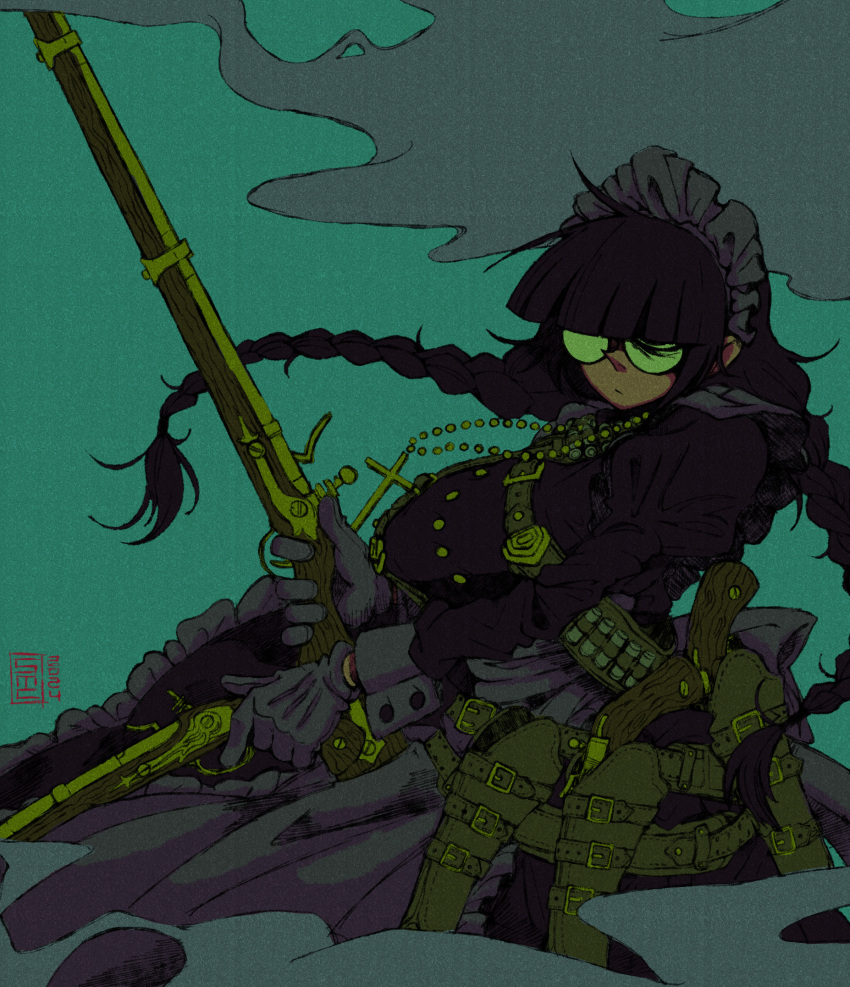 1girl, antique_firearm, apron, black_hair, black_lagoon, cross, crucifix, firelock